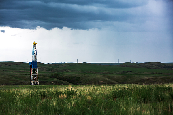 Oil rig during a rain storm.